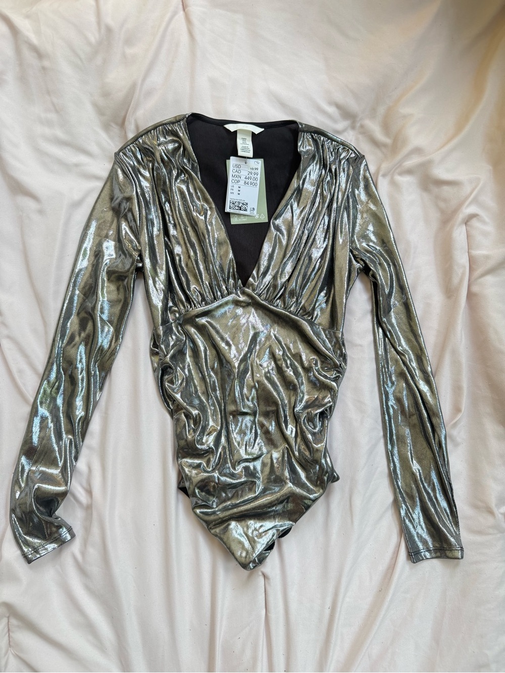 H&M Metallic Silver V-Neck Wrap Bodysuit